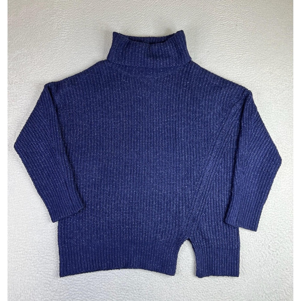 Elodie Sweater Womens XL Blue Glitter Rib Knit Turtleneck Asym Hem CSMX6009